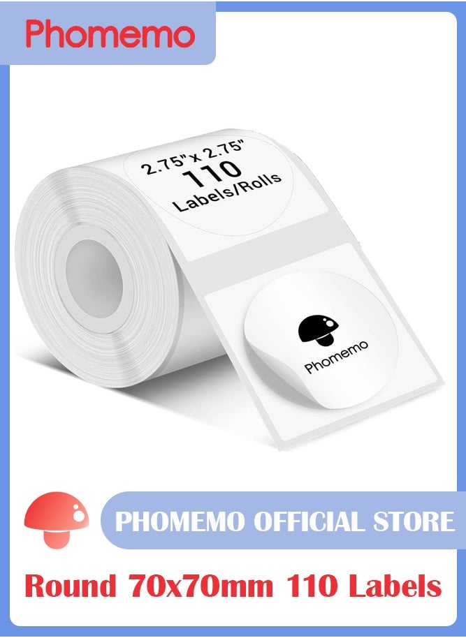 phomemo Multi-Purpose Round Self-Adhesive Label for M200/ M220/ M221 Label Printer, 70x70mm, 110 Labels/Roll (White)  - Image 1