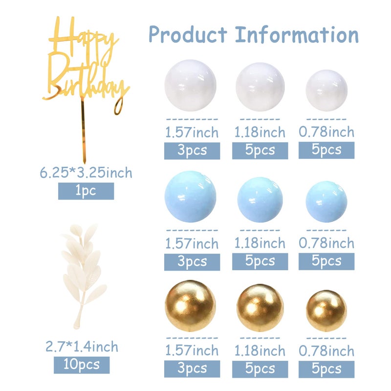 DRWATE Blue Balls Cake Topper Boho Grass Cake Topper Blue White Gold Pearl Balls Happy Birthday Cake Decorations for Wedding Birthday Boho Themed Supplies (Blue) - Image 2