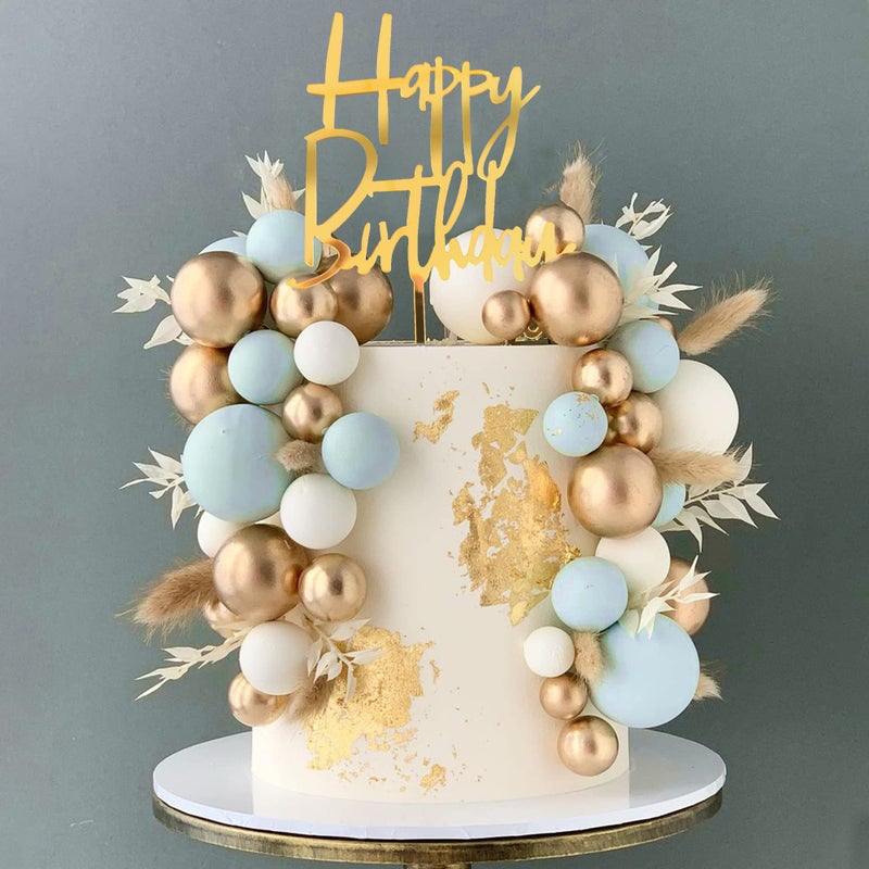 DRWATE Blue Balls Cake Topper Boho Grass Cake Topper Blue White Gold Pearl Balls Happy Birthday Cake Decorations for Wedding Birthday Boho Themed Supplies (Blue) - Image 1