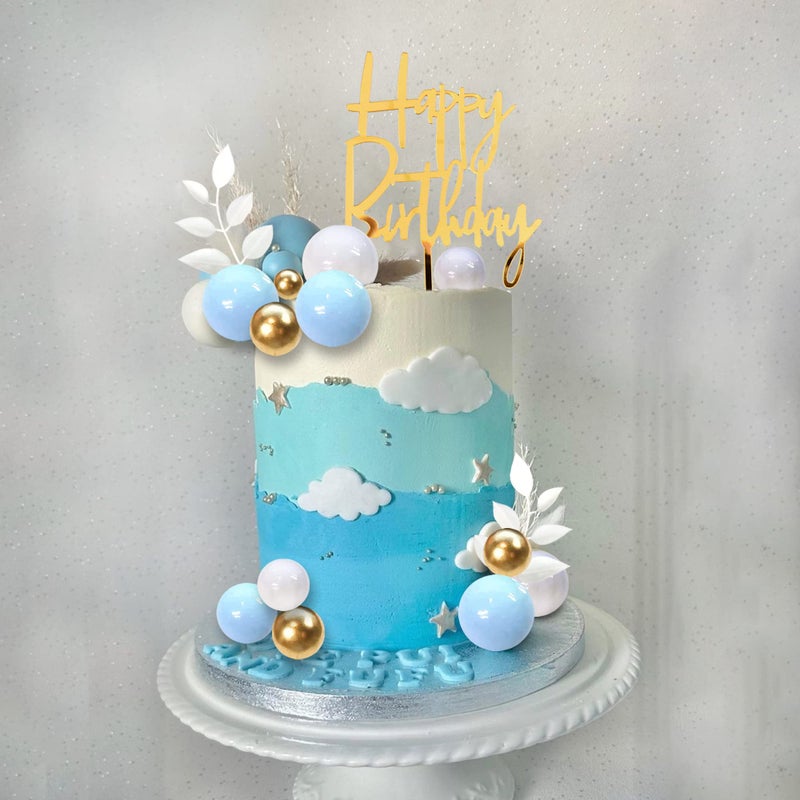 DRWATE Blue Balls Cake Topper Boho Grass Cake Topper Blue White Gold Pearl Balls Happy Birthday Cake Decorations for Wedding Birthday Boho Themed Supplies (Blue) - Image 5