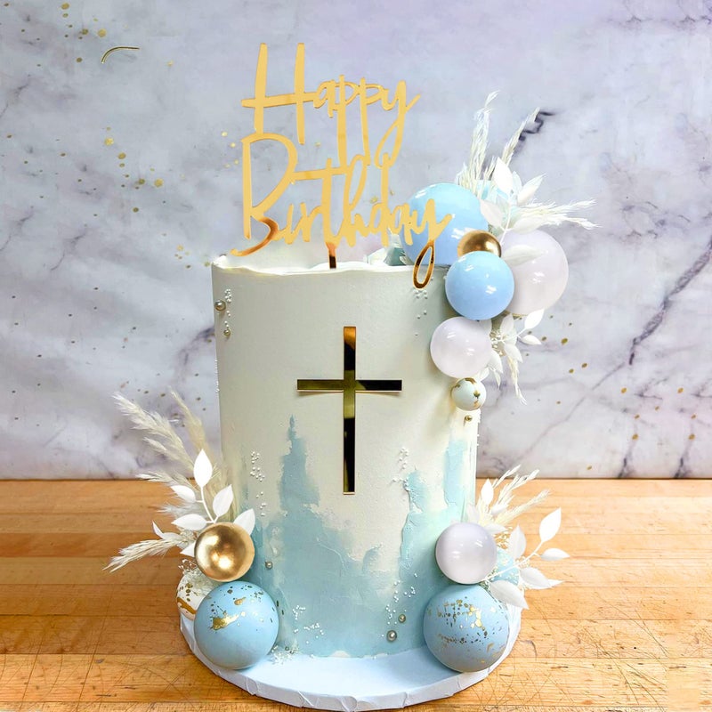 DRWATE Blue Balls Cake Topper Boho Grass Cake Topper Blue White Gold Pearl Balls Happy Birthday Cake Decorations for Wedding Birthday Boho Themed Supplies (Blue) - Image 3