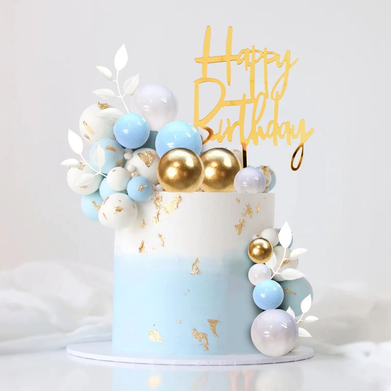 DRWATE Blue Balls Cake Topper Boho Grass Cake Topper Blue White Gold Pearl Balls Happy Birthday Cake Decorations for Wedding Birthday Boho Themed Supplies (Blue) - Image 4