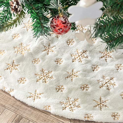 DegGod Plush Christmas Tree Skirts, 36 inches Luxury Snowy White Faux Fur Xmas Tree Base Cover Mat with Gold Snowflakes for Xmas New Year Home Party Decorations (36 inches, Gold) - Image 1