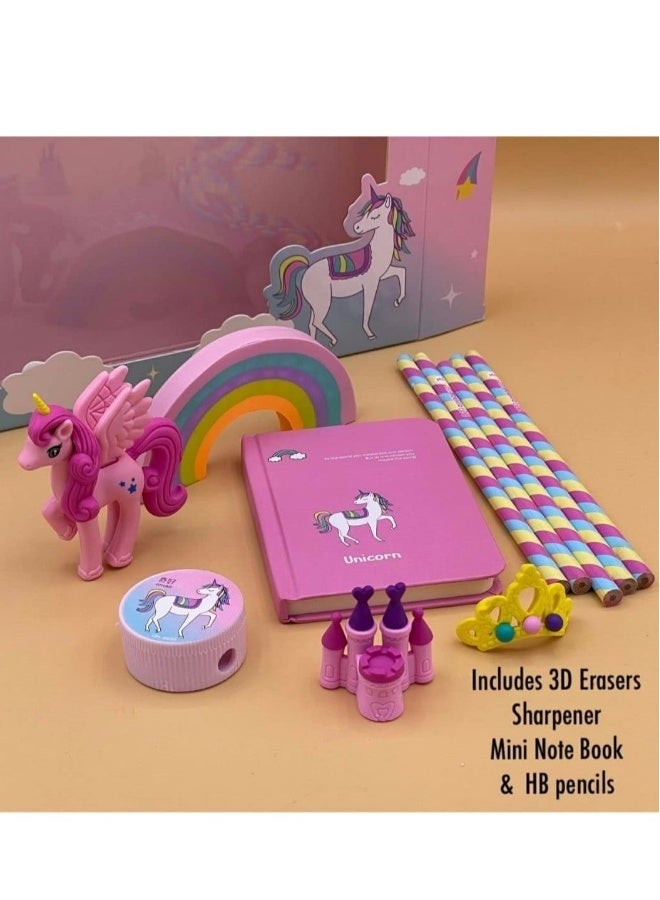 ENTERPRISE Unicorn Stationery Writing Set - Unicorn Diary, Pencils, Sharpener, Unique Erasers for Girls Ages 4-11 Years Old Birthday Party Return Gift Set for Girls Kids (11 Pcs) - Image 4
