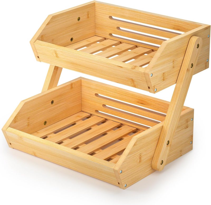 Kitchen Organizer Rack 2 Tier Wooden Spice Shelf Fruit Vegetable Stand Pastry Display Storage Rack for Countertop Natural Wood Multi-Purpose Rack - Image 1