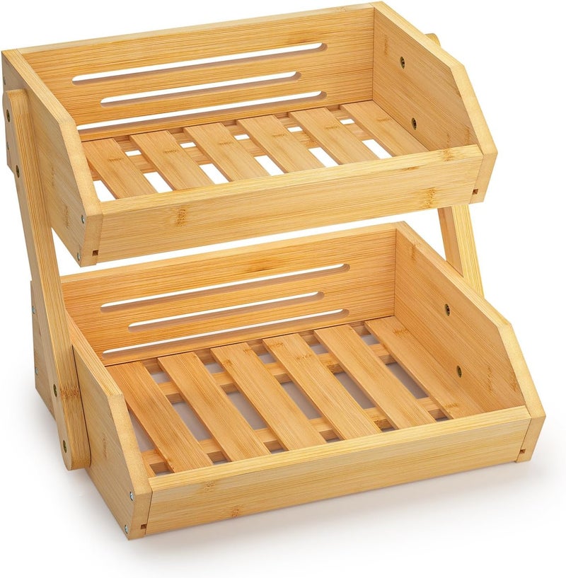 Kitchen Organizer Rack 2 Tier Wooden Spice Shelf Fruit Vegetable Stand Pastry Display Storage Rack for Countertop Natural Wood Multi-Purpose Rack - Image 2