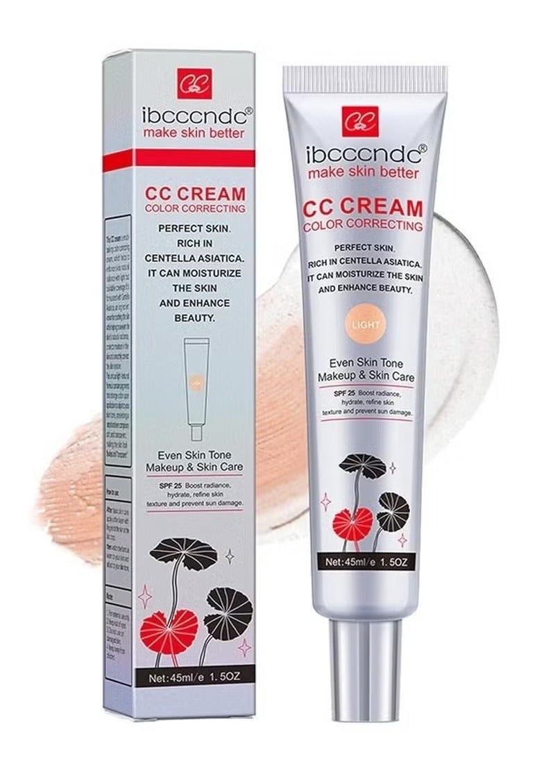 ibcccndc Colour Correcting CC Cream with Centella Asiatica Full Coverage Foundation with SPF 25, Even Skin Tone Makeup and Skin Care, Long Lasting and Hydrating Concealer, Light 45 ml - Image 1