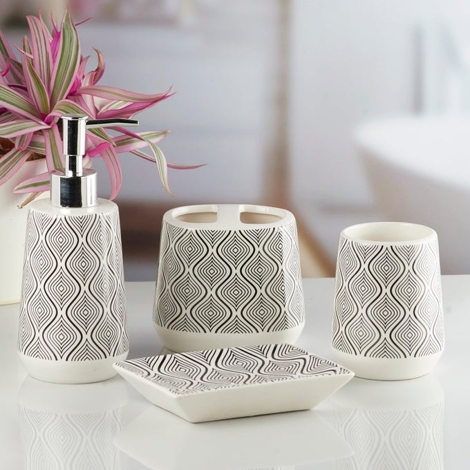 CERAMIC BATHROOM ACCESSORIES SET OF 4 MODERN BATH SET WITH LIQUID HANDWASH SOAP DISPENSER AND TOOTHBRUSH HOLDER LUXURY GIFT ACCESSORY FOR HOME WHITEBLACK 10231