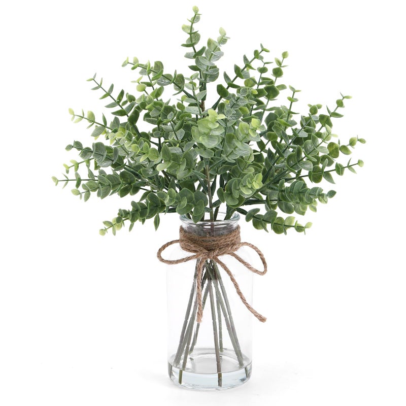 Coferset Eucalyptus Stems in Glass Vase with Faux Water, 14" Eucalyptus Fake Plants for Home Bathroom Counter Office Kitchen Farmhouse Shelf Centerpiece Coffee Table Decor(Sage Green) - Image 1