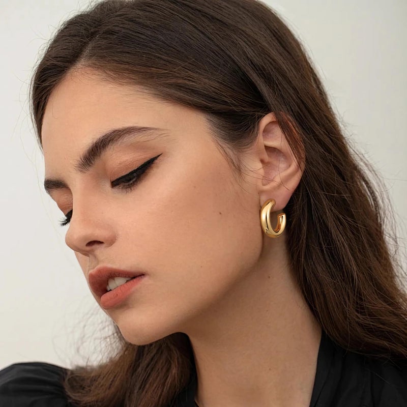 Gacimy Chunky Hoop Earrings for Women 14K Gold Plated, 925 Sterling Silver Post Hoops for Women, 22mm Yellow Color Small Earrings - Image 2