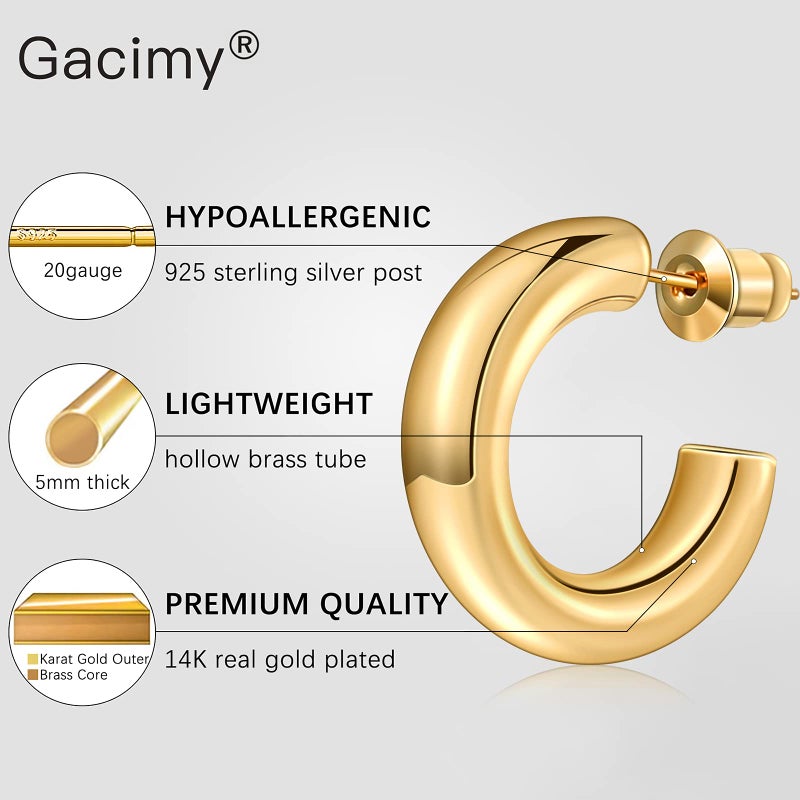 Gacimy Chunky Hoop Earrings for Women 14K Gold Plated, 925 Sterling Silver Post Hoops for Women, 22mm Yellow Color Small Earrings - Image 4