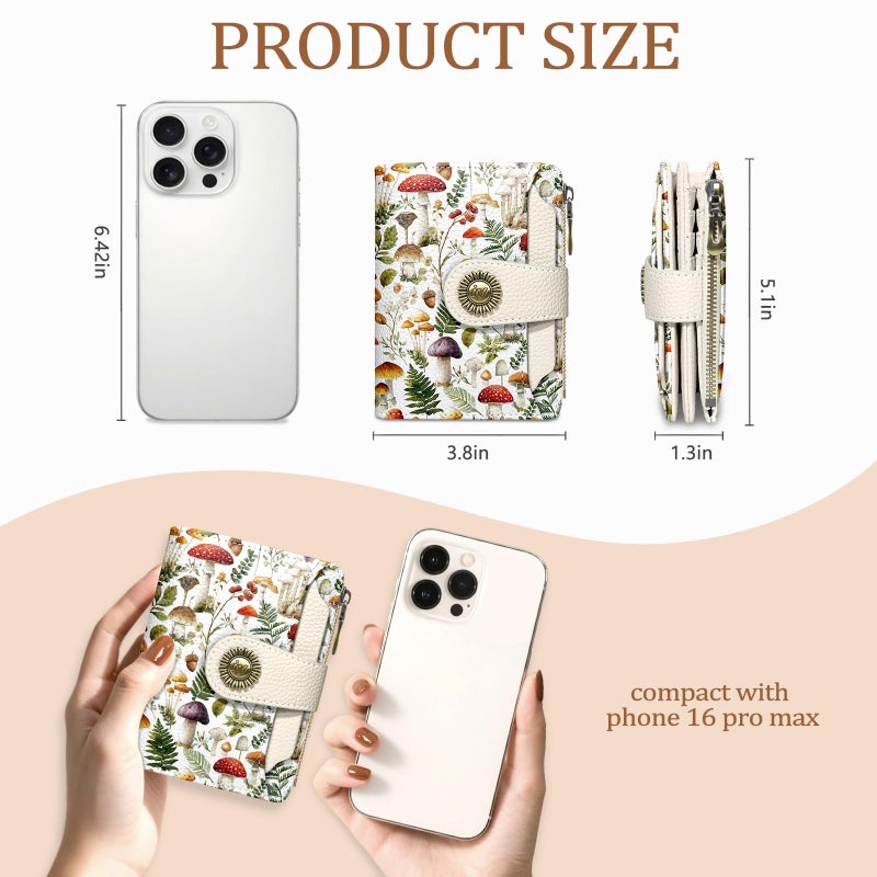Icycay Mushroom Small Wallet Women RFID Blocking Bifold, Credit Card Holder, Zipper Coin Pocket, PU Leather, Compact, Travel, 4 ID Window, 14 Card Slots, Cash Purse, Ladies Woman Female Girls - Image 4