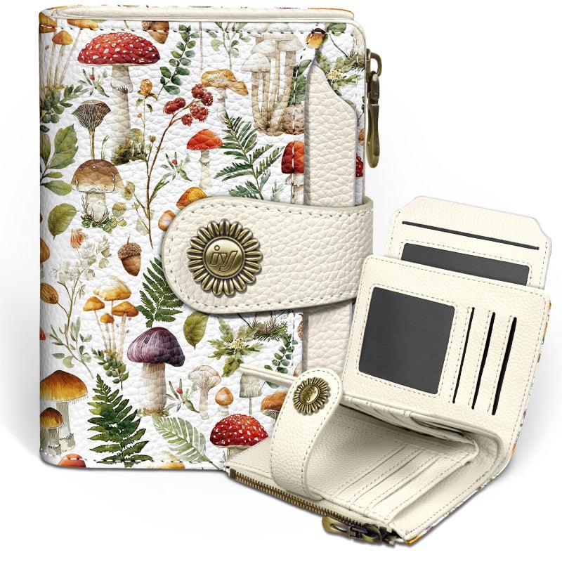 Icycay Mushroom Small Wallet Women RFID Blocking Bifold, Credit Card Holder, Zipper Coin Pocket, PU Leather, Compact, Travel, 4 ID Window, 14 Card Slots, Cash Purse, Ladies Woman Female Girls - Image 1
