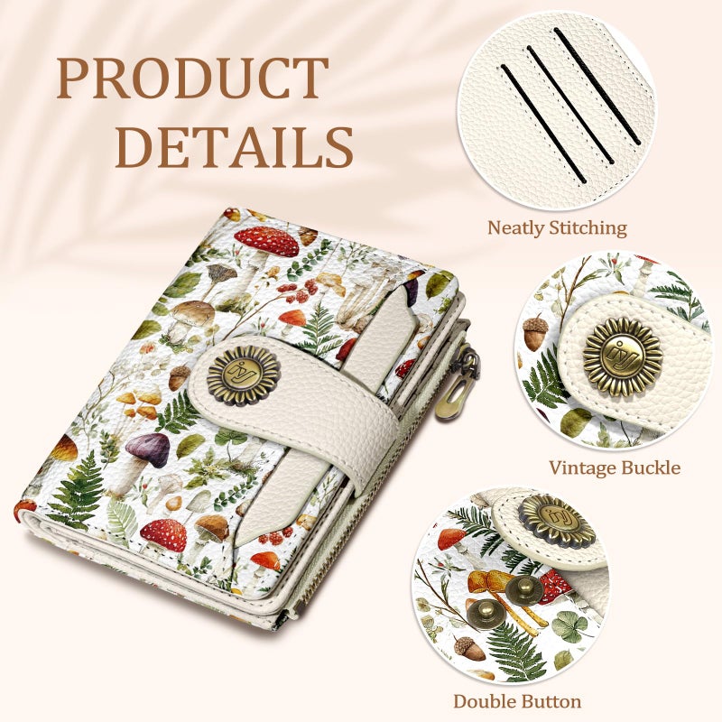 Icycay Mushroom Small Wallet Women RFID Blocking Bifold, Credit Card Holder, Zipper Coin Pocket, PU Leather, Compact, Travel, 4 ID Window, 14 Card Slots, Cash Purse, Ladies Woman Female Girls - Image 5