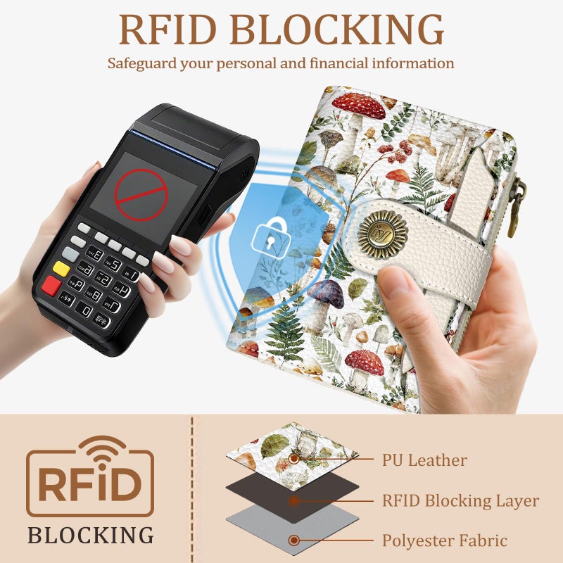 Icycay Mushroom Small Wallet Women RFID Blocking Bifold, Credit Card Holder, Zipper Coin Pocket, PU Leather, Compact, Travel, 4 ID Window, 14 Card Slots, Cash Purse, Ladies Woman Female Girls - Image 3