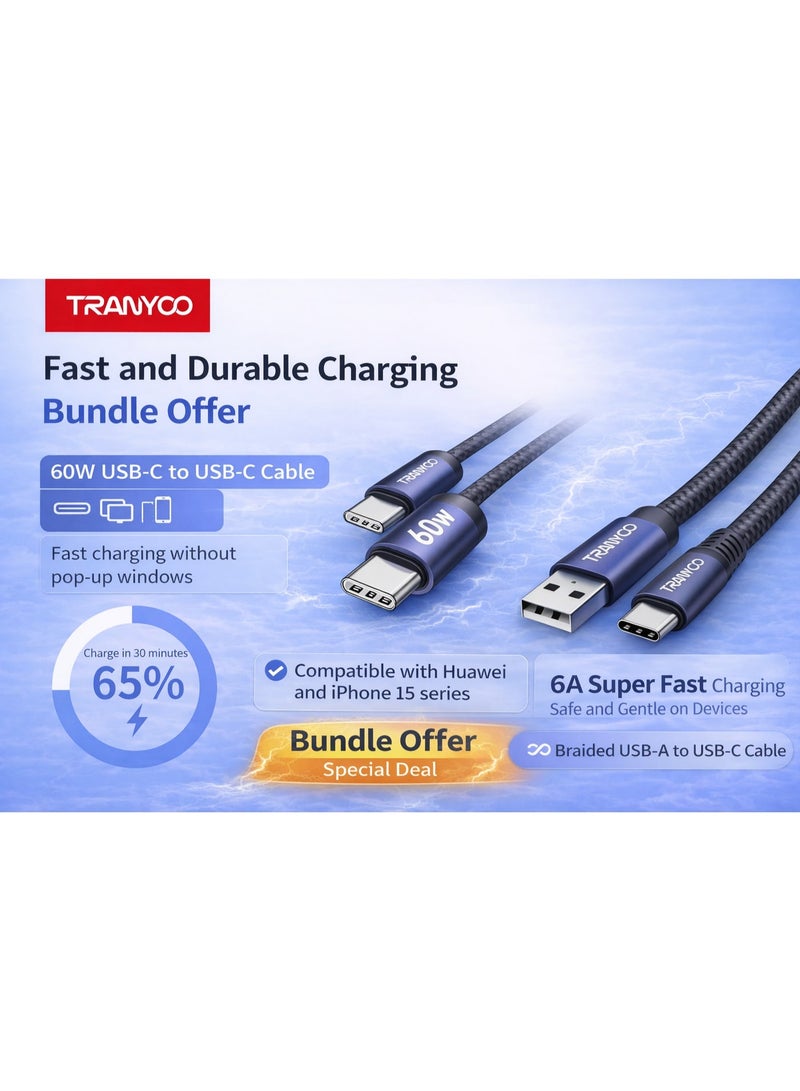 ترانيوو عرض باقة الشحن السريع من TRANYOO – كابل USB-C إلى USB-C بقوة 60 واط + كابل USB-A إلى USB-C مضفّر - Image 1