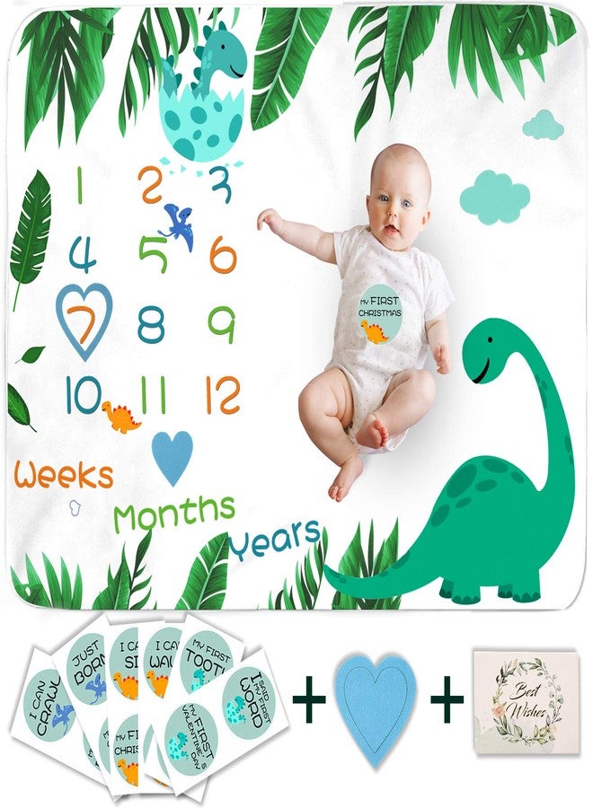 Decoroca Dinosaur Baby Monthly Milestone Blanket - Perfect for Celebrating Your Baby's Growth - Capture Precious Moments Together (50" × 40" with 12 Stickers)