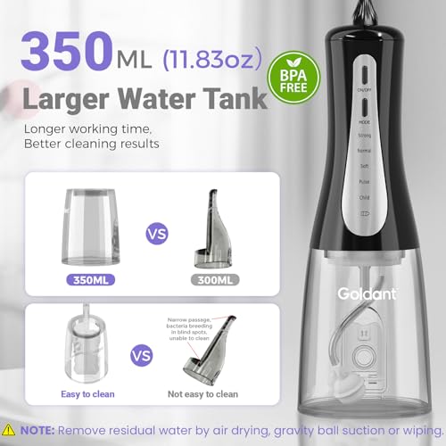 GOLDANT 2026 New 350ML Water Dental Flosser Teeth Pick with Bag 5 Modes Portable Cordless Oral Irrigator Cleaner Electric Rechargeable IPX7 Waterproof for Home Travel Teeth Cleaning Flossing Black - Image 3