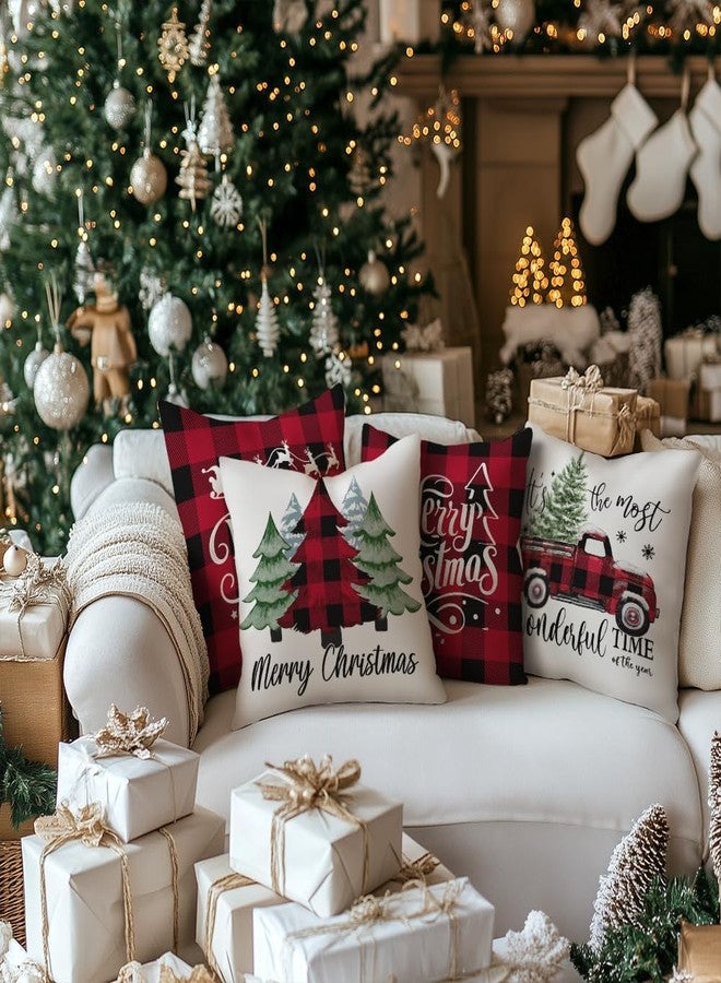 GEEORY Merry Christmas Throw Pillow Covers 18x18 Inch Set of 4, Xmas Trees Truck Buffalo Plaid Believe Farmhouse Decorative Cushion Cases for Home Decoration G421-18 - Image 3