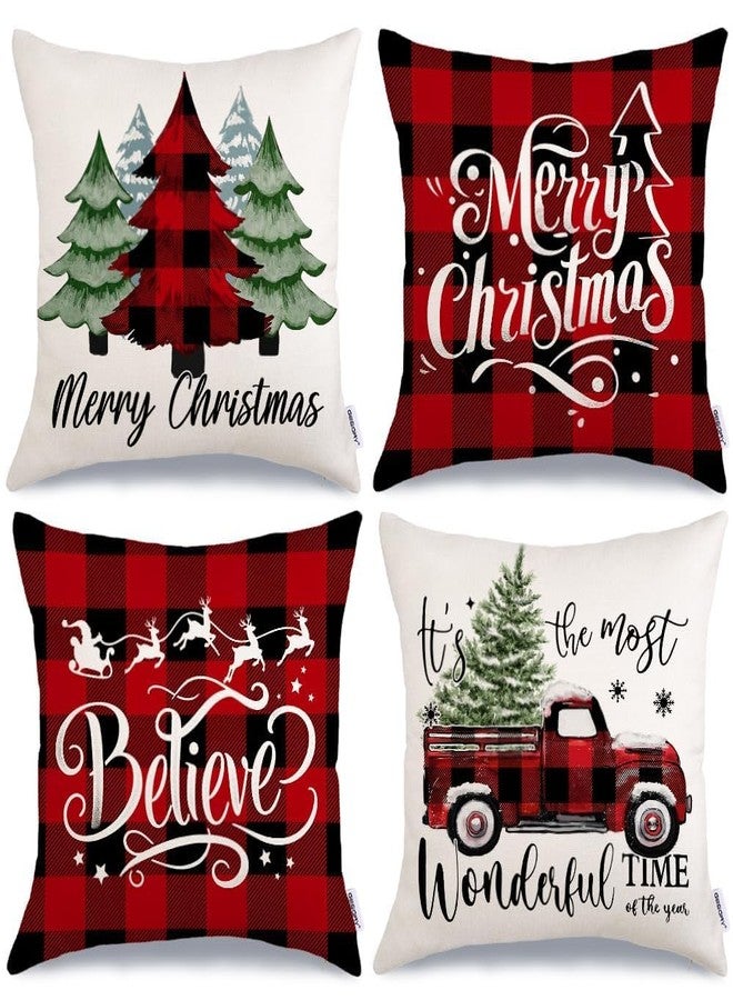 GEEORY Merry Christmas Throw Pillow Covers 18x18 Inch Set of 4, Xmas Trees Truck Buffalo Plaid Believe Farmhouse Decorative Cushion Cases for Home Decoration G421-18 - Image 1