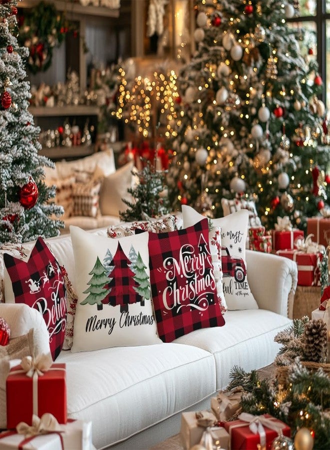 GEEORY Merry Christmas Throw Pillow Covers 18x18 Inch Set of 4, Xmas Trees Truck Buffalo Plaid Believe Farmhouse Decorative Cushion Cases for Home Decoration G421-18 - Image 2