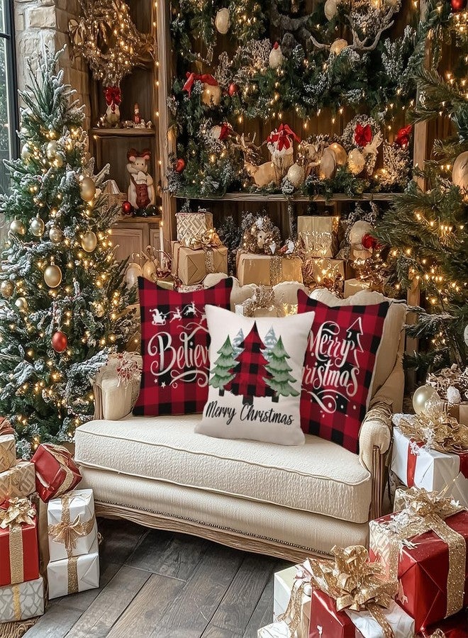 GEEORY Merry Christmas Throw Pillow Covers 18x18 Inch Set of 4, Xmas Trees Truck Buffalo Plaid Believe Farmhouse Decorative Cushion Cases for Home Decoration G421-18 - Image 5
