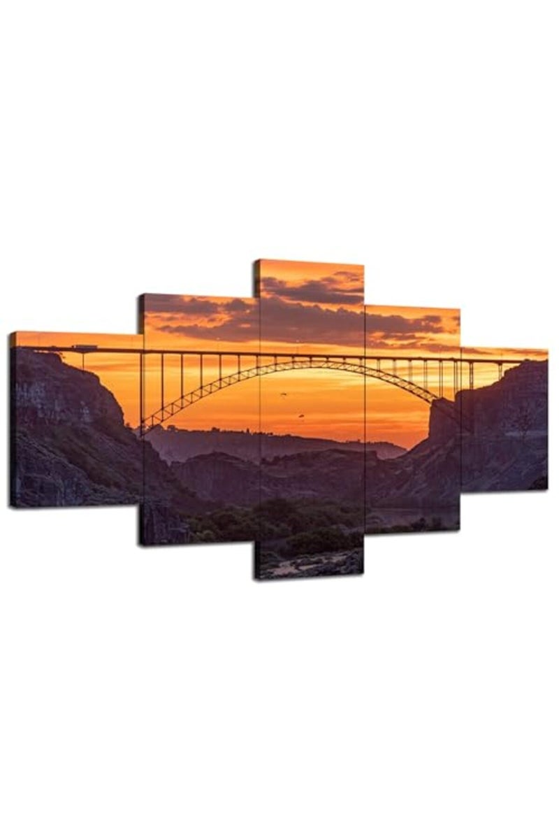 Artbrush Tower Perrine Bridge in Twin Falls Wall Art Idaho Sunset Skyline Wall Decor Picture Canvas Print Poster Painting Framed Home Living Room Bedroom Decoration 5 Piece Ready to Hang - Image 2
