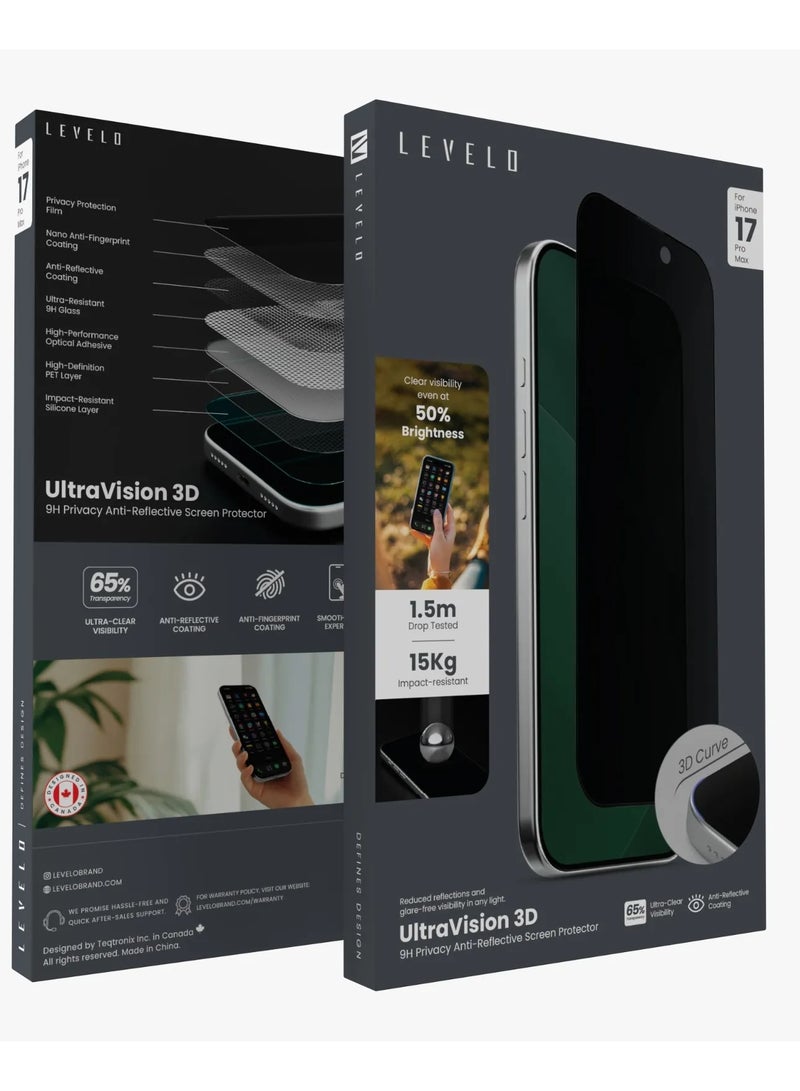 LEVELO iPhone 17 Pro Max UltraVision 3D AR 9H Screen Protector / 1.5m Drop Tested / 15Kg Impact-ResistantAnti-Reflective Coating / Impact-Resistant Silicone Layer - Privacy - Image 5