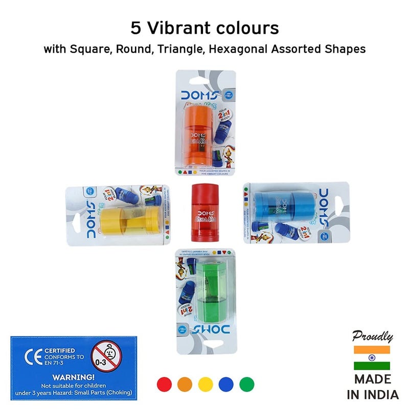 Doms ErasNer Eraser + Sharpner Blister Pack | Durable & Strong Built Quality | 4 Different Shapes in 5 Vibrant Colors | Scientifically Angled Blade With Anti-rust Coating | Pack of 10 Pieces - Image 4