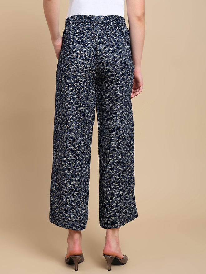 De Moza Navy Blue Ditsy Print Wide Leg Pants - Image 4