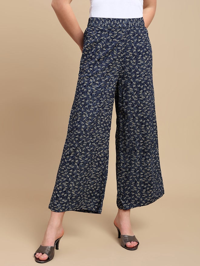 De Moza Navy Blue Ditsy Print Wide Leg Pants - Image 2