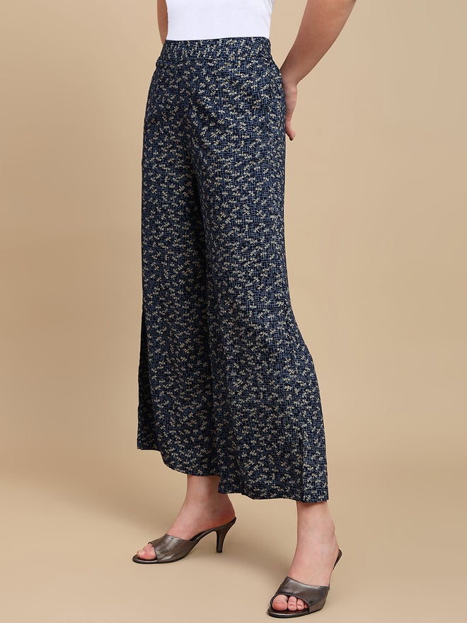 De Moza Navy Blue Ditsy Print Wide Leg Pants - Image 3