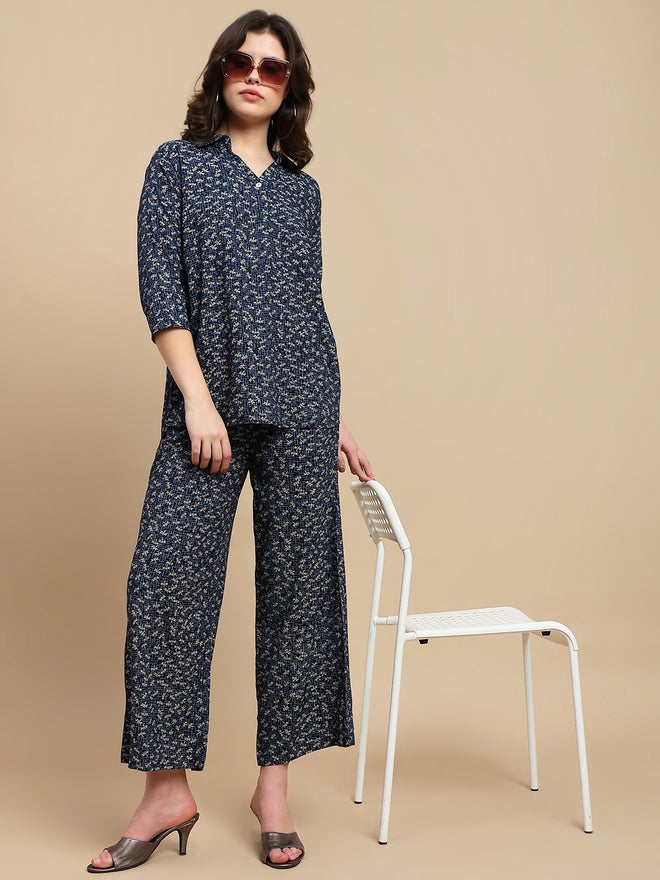 De Moza Navy Blue Ditsy Print Wide Leg Pants - Image 1