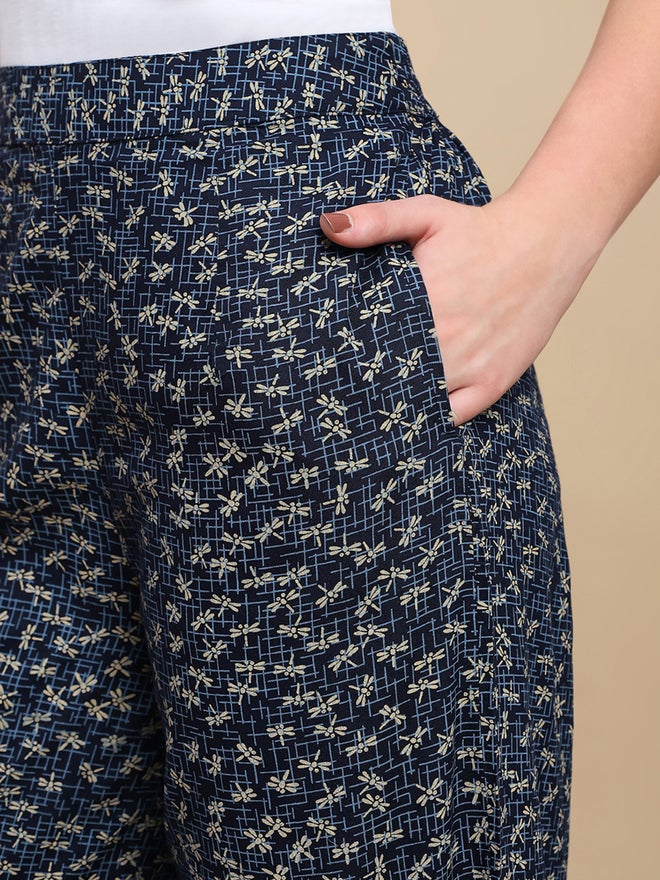 De Moza Navy Blue Ditsy Print Wide Leg Pants - Image 5