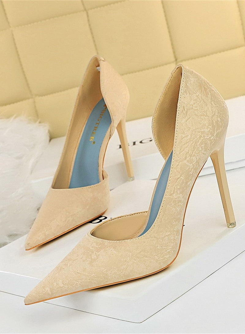 BIGTREE 10.5cm European And American Fashion Slimming Side Hollow-Out Heels With Thin Cloth Shallow Mouth Pointed Beige  - Image 1