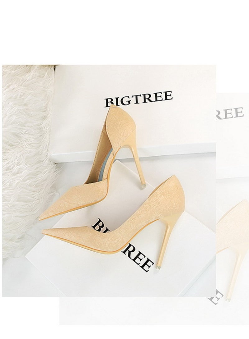 BIGTREE 10.5cm European And American Fashion Slimming Side Hollow-Out Heels With Thin Cloth Shallow Mouth Pointed Beige  - Image 2