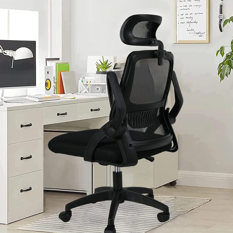 كرسي مكتب مريح، كرسي كمبيوتر شبكي ذو ظهر مرتفع مع وسادة سميكة، كرسي مكتب منزلي مع مسند رأس قابل للتعديل ودعم قطني، مناسب للعمل