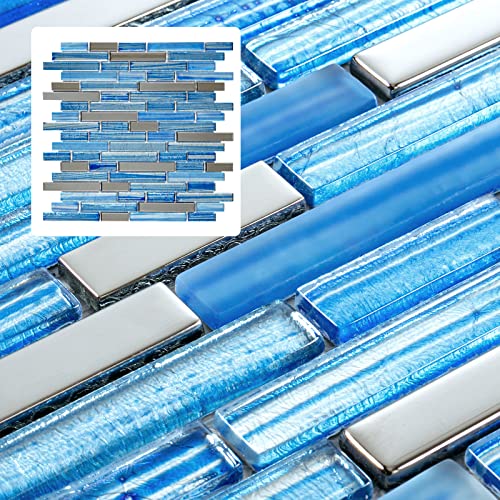 Midcard 5 Sheet Blue Glass with Silver Glass Mosaic Tiles for Kitchen and Bathroom Walls - Image 1