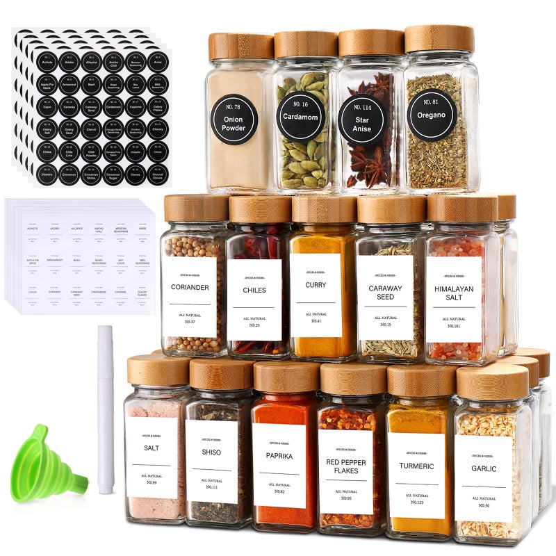 DIMBRAH Spice Jars with Label 24Pcs,Seasoning Containers,Glass Spice Jars with Bamboo Lids,Kitchen Essentials,Spices Container Set,Kitchen Set,Seasoning Organizer,Spice Rack Organizer for Cabinet - Image 1