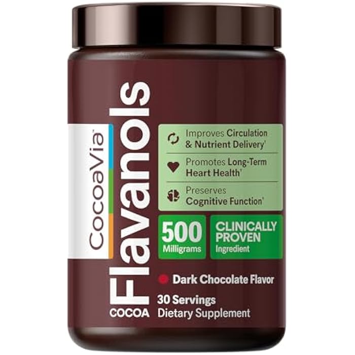 CocoaVia Cocoa Flavanols 500mg – Heart and Brain Support, High Flavanol Cocoa Extract, Boosts Nitric Oxide, Blood Circulation and Memory, Preworkout, Vegan, Gluten-Free, Dark Chocolate, 30-Day - Image 1