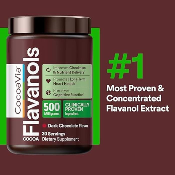 CocoaVia Cocoa Flavanols 500mg – Heart and Brain Support, High Flavanol Cocoa Extract, Boosts Nitric Oxide, Blood Circulation and Memory, Preworkout, Vegan, Gluten-Free, Dark Chocolate, 30-Day - Image 2