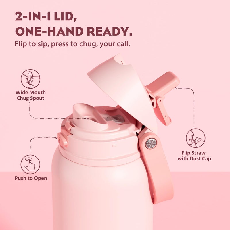 POWCAN 40 oz Insulated Water Bottle for Sports: 2-in-1 Lid with Push-Button Spout & Quick-Flip Straw, Leakproof, Car Cupholder Friendly, Stainless Steel for Gym, School, Travel, Camping (Cotton Candy) - Image 2