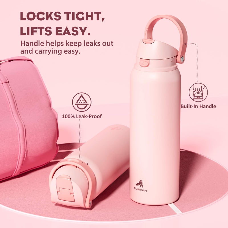 POWCAN 40 oz Insulated Water Bottle for Sports: 2-in-1 Lid with Push-Button Spout & Quick-Flip Straw, Leakproof, Car Cupholder Friendly, Stainless Steel for Gym, School, Travel, Camping (Cotton Candy) - Image 4