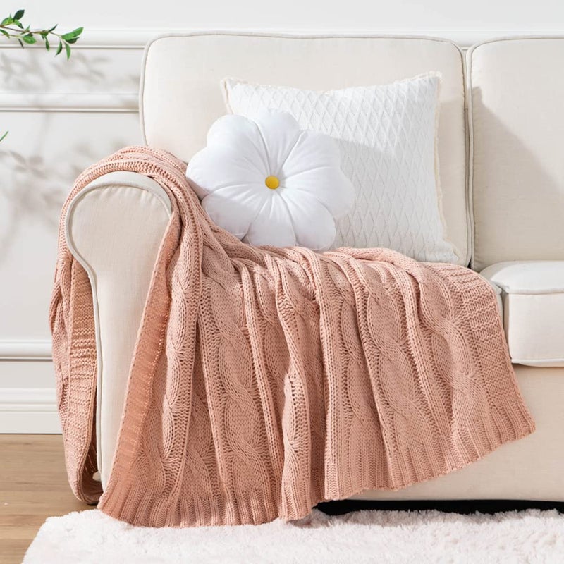 Battilo Blush Cable Knit Throw Blankets for Couch Bed Sofa, Acrylic Knitted Blanket, Soft Cozy Throw Blanket, 50" x 60" - Image 3