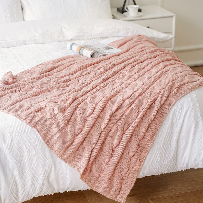 Battilo Blush Cable Knit Throw Blankets for Couch Bed Sofa, Acrylic Knitted Blanket, Soft Cozy Throw Blanket, 50" x 60" - Image 4