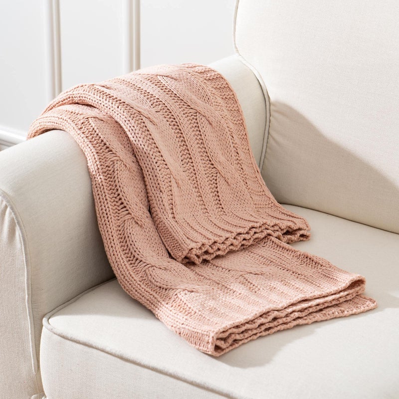 Battilo Blush Cable Knit Throw Blankets for Couch Bed Sofa, Acrylic Knitted Blanket, Soft Cozy Throw Blanket, 50" x 60" - Image 5