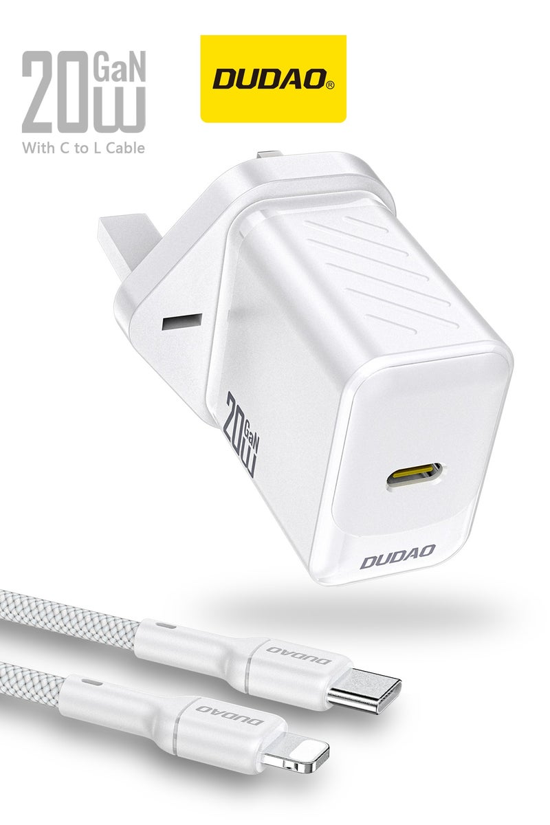 DUDAO PD 20W Fast USB C Charger, GaN Chip Fast Charger, with Type C to Lightning Cable, USB C Power Plug Universal Adapter, Wall Charger Compatible with Phones, iPads, Laptops - Image 1