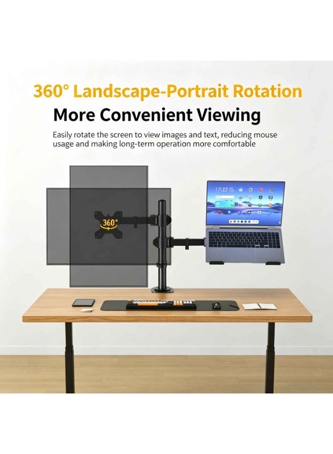 Dual Arm Monitor and Laptop Desk Mount, Adjustable Stand for 13"–27" Screens & 13-17" Laptop, VESA 75x75/100x100, 360° Rotation, ±90° Swivel, ±90° Tilt, Black - Image 2