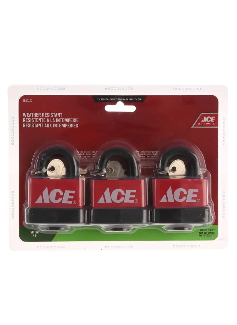 ACE - Ace Weatherproof Laminated Steel Padlock Pack 50mm 3Pcs - Image 1