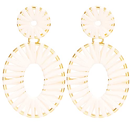 BaubleStar Raffia Tassel Fringe Rattan Hoop Drop Statement Earrings White Tiered Thread Handmade Round Oval Cirle Dangle Fashion Jewelry for Women - Image 1